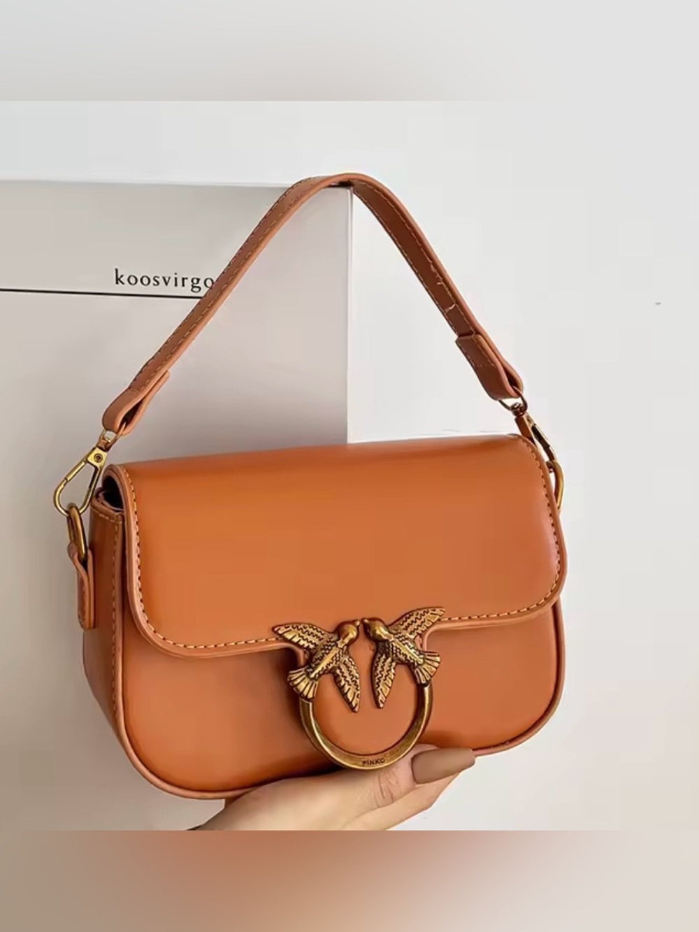 New designer inspired Tan Shoulder Bag with Gold Bird Ring